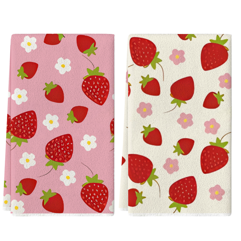 Kitchen Baking Cloth - 2Pcs, Pink and White Strawberry Flower