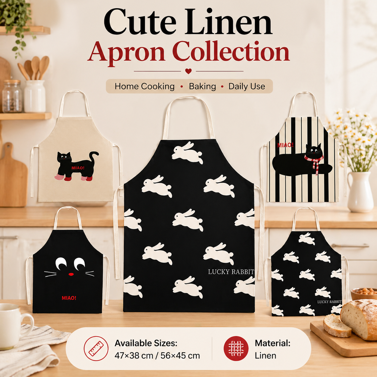 Kitchen Baking Cloth - Cute Black Cat White Rabbit Linen